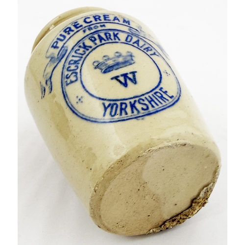 611 - ESCRICK PARK DAIRY YORKSHIRE CREAM POT. 3.5ins tall. Attractive blue print all white cream pot, crow... 
