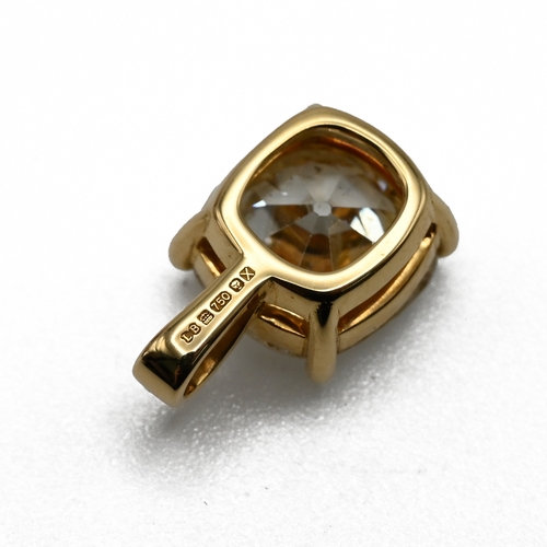 1 - An 18 carat gold mounted diamond pendant. The diamond cushion shaped, old brilliant cut, estimated a... 