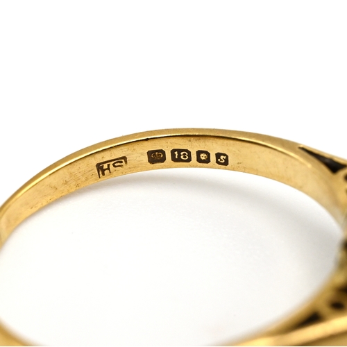 105 - An 18 carat gold sapphire and diamond dress ring, finger size M 1/2, 3 grams gross.