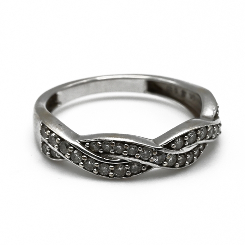 109 - A 9 carat white gold diamond set half hoop ring, the plaited design set with thirty one diamonds tot... 