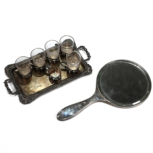 122 - A silver liqueur set of glasses with silver sleeves and tray, H Atkin, Sheffield 1913, the two handl... 