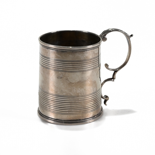 126 - A Victorian silver mug, William Brown, London 1843, of can shape with reeded bands, double scroll le... 