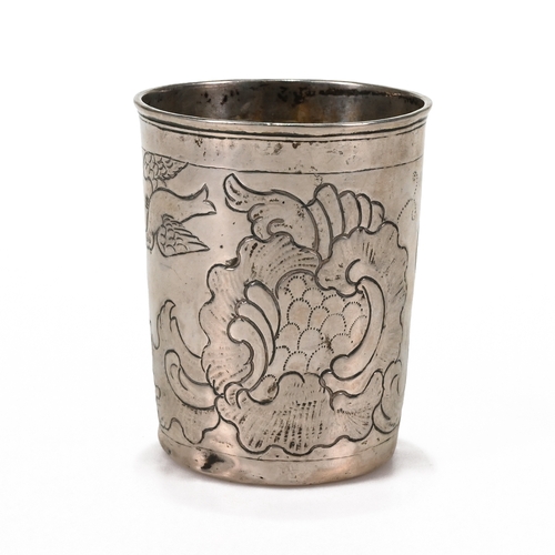 128 - A continental silver beaker, possibly 18th century, indistinct marks to the base, embossed with bird... 