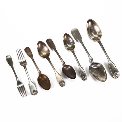 142 - A collection of antique Scottish flatware, comprising; a fiddle pattern and a fiddle and shell patte... 