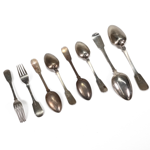 142 - A collection of antique Scottish flatware, comprising; a fiddle pattern and a fiddle and shell patte... 