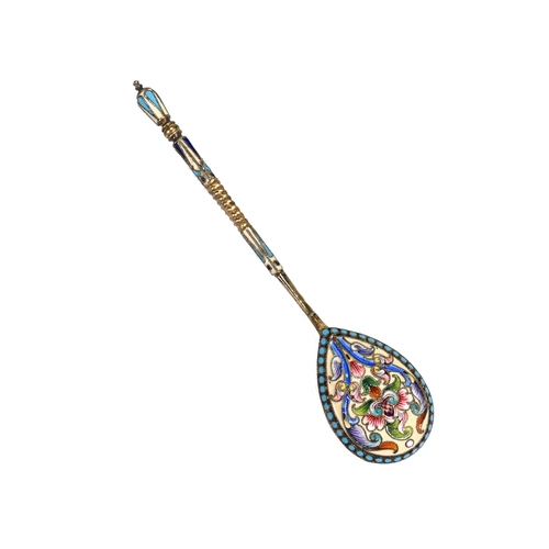 144 - A Russian silver gilt and enamel spoon, with pre-1908 Kokoshnik mark, makers mark ‘MC”, enamelled to... 