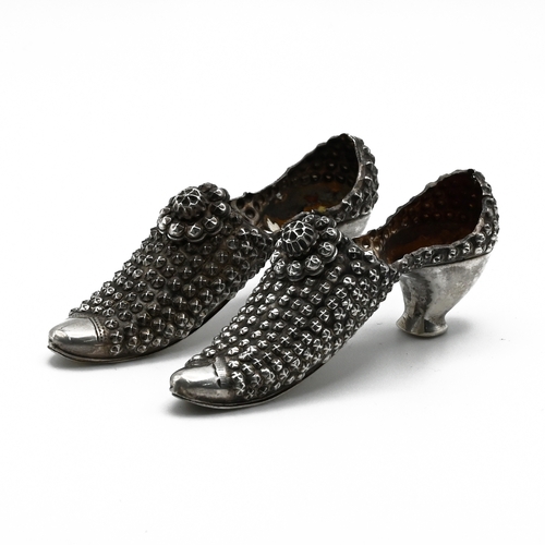165 - A matched pair of silver miniature shoes, possibly pin cushions, no makers mark detected, Birmingham... 