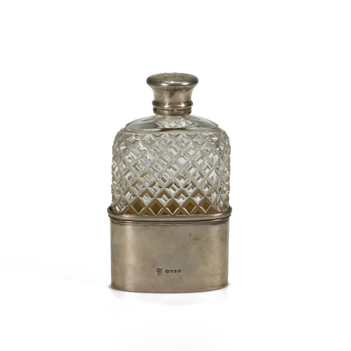 169 - A Victorian silver mounted glass hip flask, E C Brown, London 1873, monogrammed pull off cup base an... 