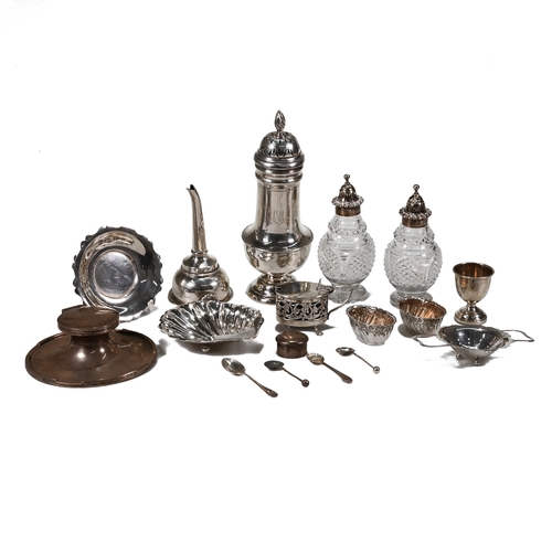 172 - A large silver sugar caster, monogrammed; a pair of silver mounted glass Georgian cruet bottles; a s... 