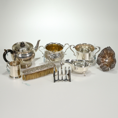 193 - A late Victorian silver sugar bowl by Messrs Barnard; a silver tea pot; a silver two handled bowl; a... 