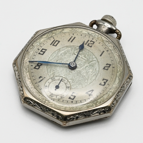 207 - A Waldon art deco open face pocket watch, with engraved octagonal case, the dial with further engrav... 