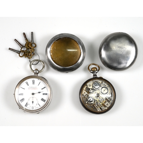 208 - Two pocket watches including a skeleton example apparently unmarked, 4.3cm dial with Roman numerals ... 