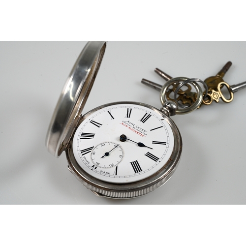 208 - Two pocket watches including a skeleton example apparently unmarked, 4.3cm dial with Roman numerals ... 