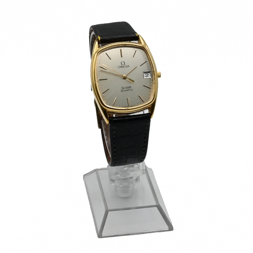 222 - Omega, De Ville, a gents gold plated steel backed quartz wrist watch on a strap, with date aperture,... 