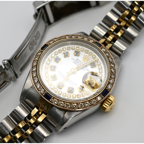 224 - Rolex, Oyster Perpetual Datejust lady’s two colour bracelet watch with later diamond and sapphire be... 