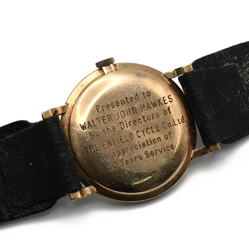 233 - Heft, Royal Seal, a gentleman’s 9 carat gold mechanical wrist watch on a strap, inscribed to the rev... 