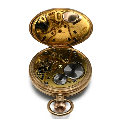 246 - Zenith, a 9 carat gold open faced pocketwatch, the signed white enamel dial with black Romannumerals... 