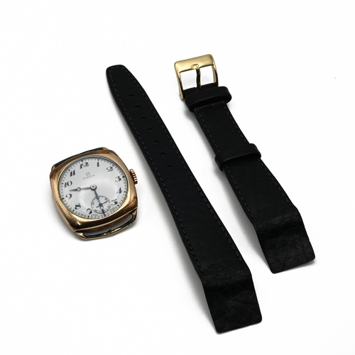 247 - Omega, a gentleman’s gilt metal cased mechanical wrist watch, the signed white enamel dial with blac... 