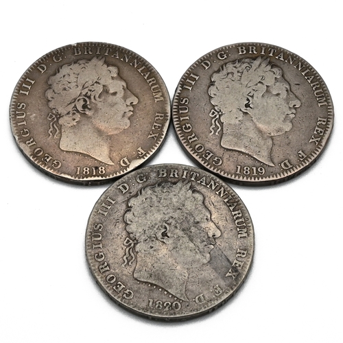 270 - A group of three King George III silver five shillings crown coins, date run of 1818-1820. 1818 LVII... 