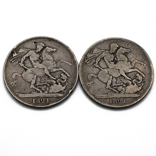 271 - A pair of King George IV silver five shillings crown coins, both dated 1821 and minted in sterling s... 