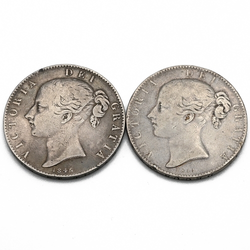 273 - A pair of early Victorian 'Young Head' silver five shillings crown coins dated 1844 and 1845, made o... 