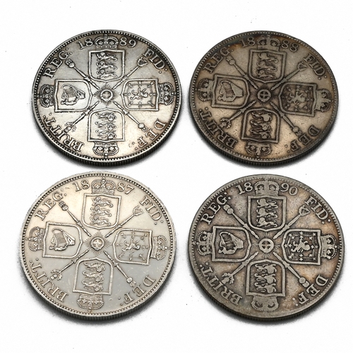 279 - A date run of four silver double florin or four shillings coins from the reign of Queen Victoria fea... 