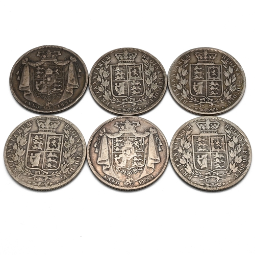 282 - A selection of six sterling silver half crown coins issued during the reigns of King William IV and ... 