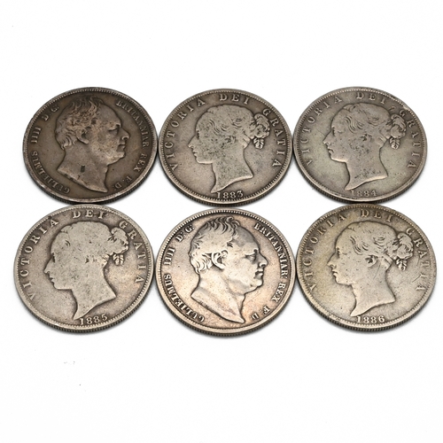 282 - A selection of six sterling silver half crown coins issued during the reigns of King William IV and ... 