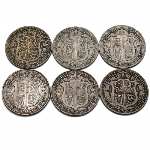 286 - A selection of six sterling silver King Edward VII half crown coins dating: 1902, 1904, 1906, 1907, ... 