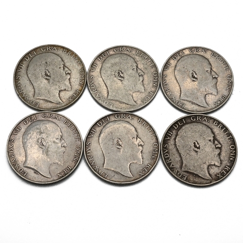 286 - A selection of six sterling silver King Edward VII half crown coins dating: 1902, 1904, 1906, 1907, ... 