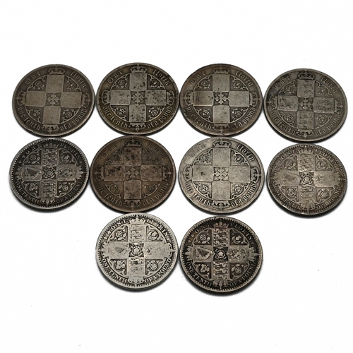 288 - A group of ten sterling silver two shillings florin coins issued during the reign of Queen Victoria.... 