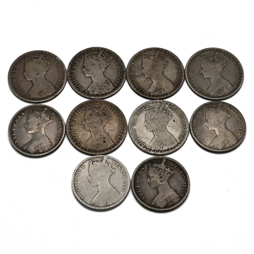 288 - A group of ten sterling silver two shillings florin coins issued during the reign of Queen Victoria.... 