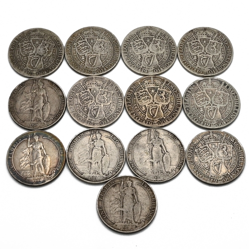 289 - A group of 13 sterling silver two shillings florin coins issued during the reigns of Queen Victoria ... 