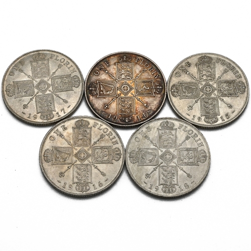 290 - A group of five sterling silver two shillings florin coins making a date run 1914-1918, the years of... 