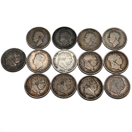 291 - A group of 13 sterling silver one shilling coins minted during the reigns of King George III and Kin... 