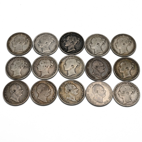 292 - A group of 15 sterling silver one shilling coins minted during the reigns of King William IV and Que... 