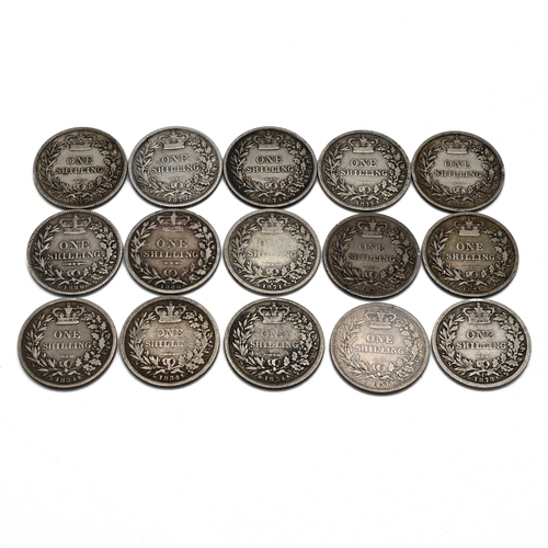 292 - A group of 15 sterling silver one shilling coins minted during the reigns of King William IV and Que... 