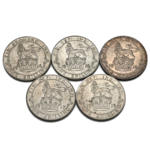 295 - A group of five sterling silver one shillings coins minted in the years 1914-1918 forming a date run... 