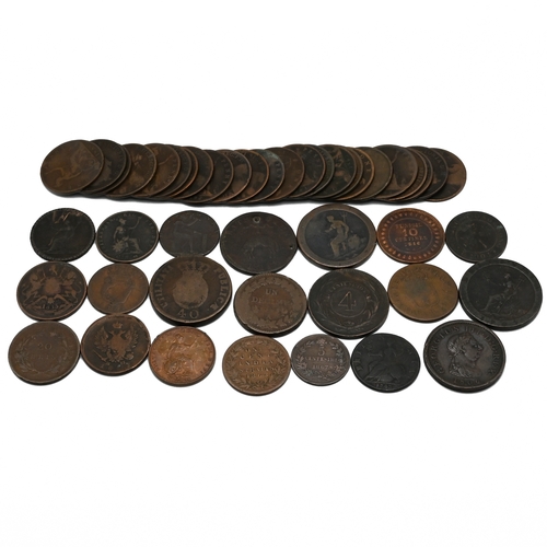 303 - An assortment of GB and world copper/bronze coinage to include: 1797 Cartwheel Pennies; French Decim... 