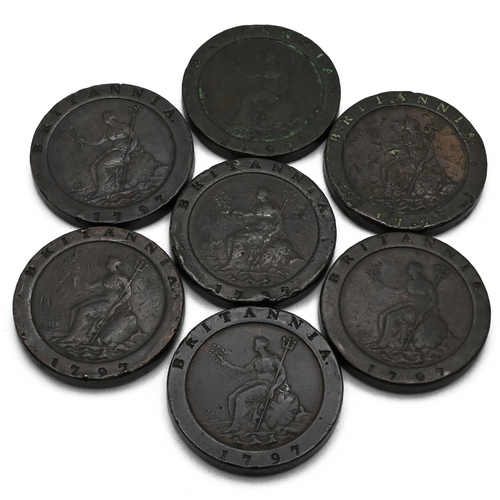 304 - Seven King George III copper 'Carthwheel' twopence coins (these coins were minted at Soho Mint in Bi... 