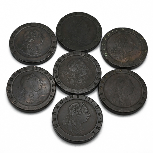 304 - Seven King George III copper 'Carthwheel' twopence coins (these coins were minted at Soho Mint in Bi... 