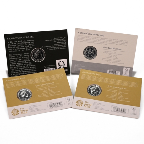 340 - A selection of four Royal Mint £20 Denomination Fine Silver Coins to include: 2015 Winston Churchill... 