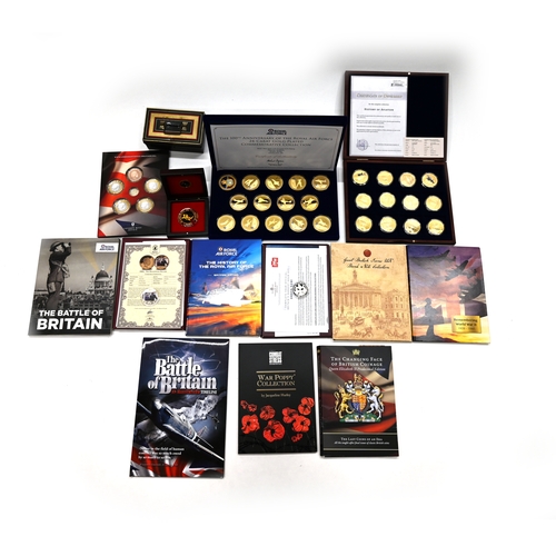 343 - A collection of Military and War related commemorative coins and medallions to include: History of A... 