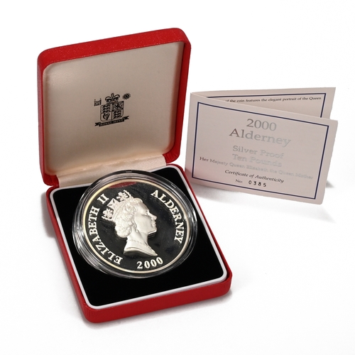 349 - A silver proof £10 coin issued by the Royal Mint for Alderney in 2000, this coin commemorates the ce... 