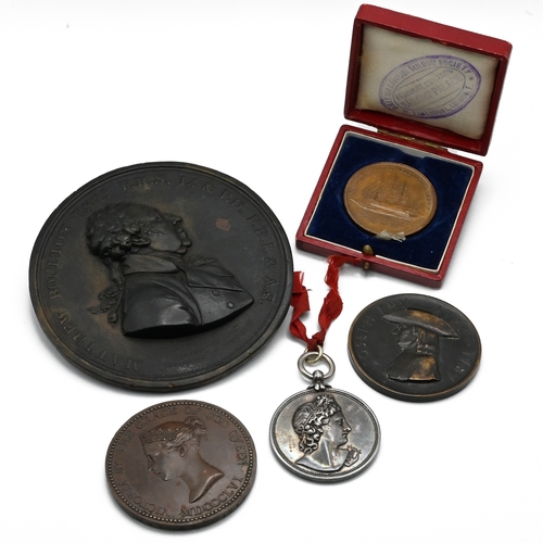 365 - Group of five Victorian and later medallions comprising: 1856 Queen Victoria Bronze Science and Arts... 