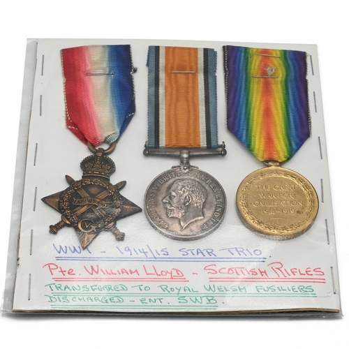 391 - A World War One medal trio comprising a 1914-15 Star, Silver War Medal and a Victory Medal to PTE. W... 