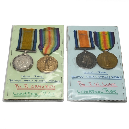 403 - Two groups of World War One medals each comprising a 1914-18 War Medal and a Victory Medal awarded t... 