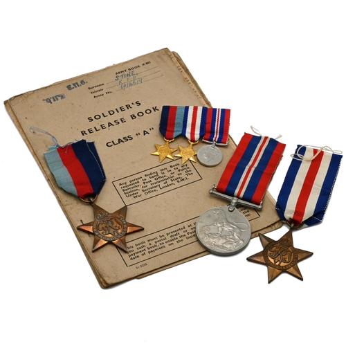 412 - A World War Two group of three medals awarded to 6014519 PTE K F B Stone, comprising: The 1939-1945 ... 