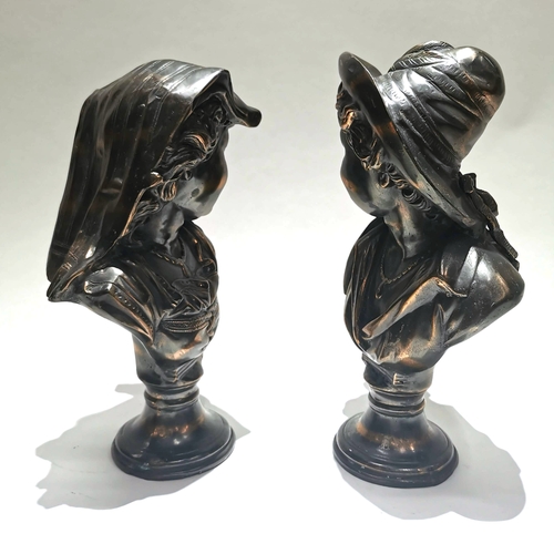 463 - In the manner of August Moreau - a pair of bronzed hollow cast metal busts - a boy and girl each wit... 