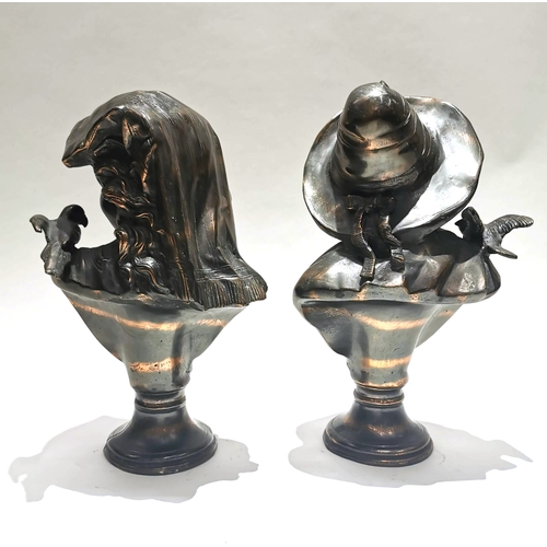 463 - In the manner of August Moreau - a pair of bronzed hollow cast metal busts - a boy and girl each wit... 